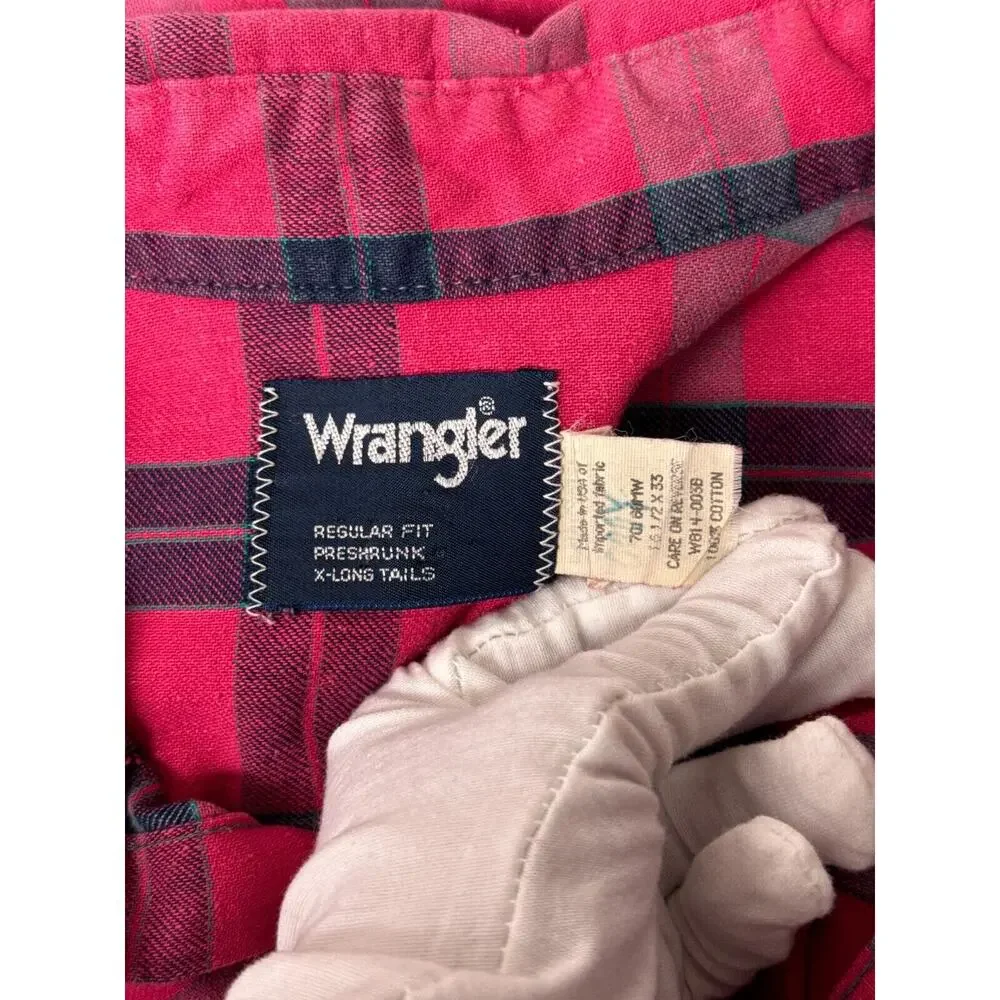 Vintage Wrangler Shirt 16.5 / XL Mens Brushpopper Pink Plaid Pearl Snap Made USA